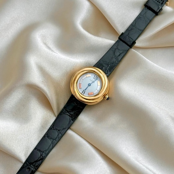 AUTHENTIC RARE VINTAGE CARTIER TRINITY WATCH - BLACK LEATHER STRAP - WITH BOX - Picture 3 of 10